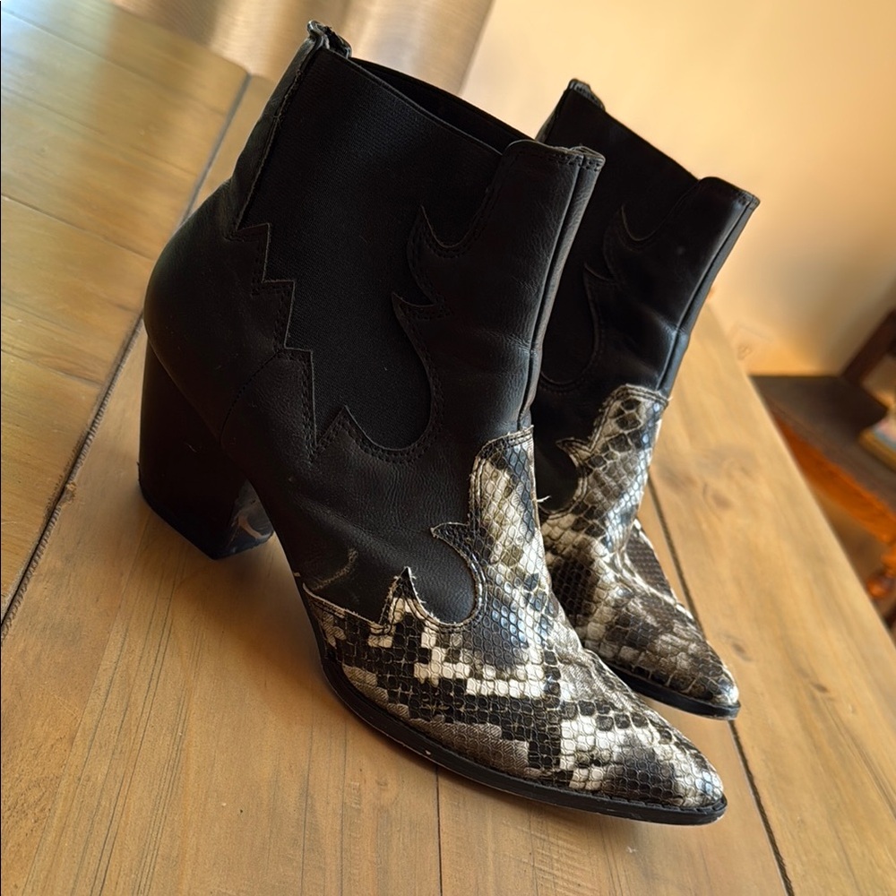 Black and Snake Print Ankle Boots